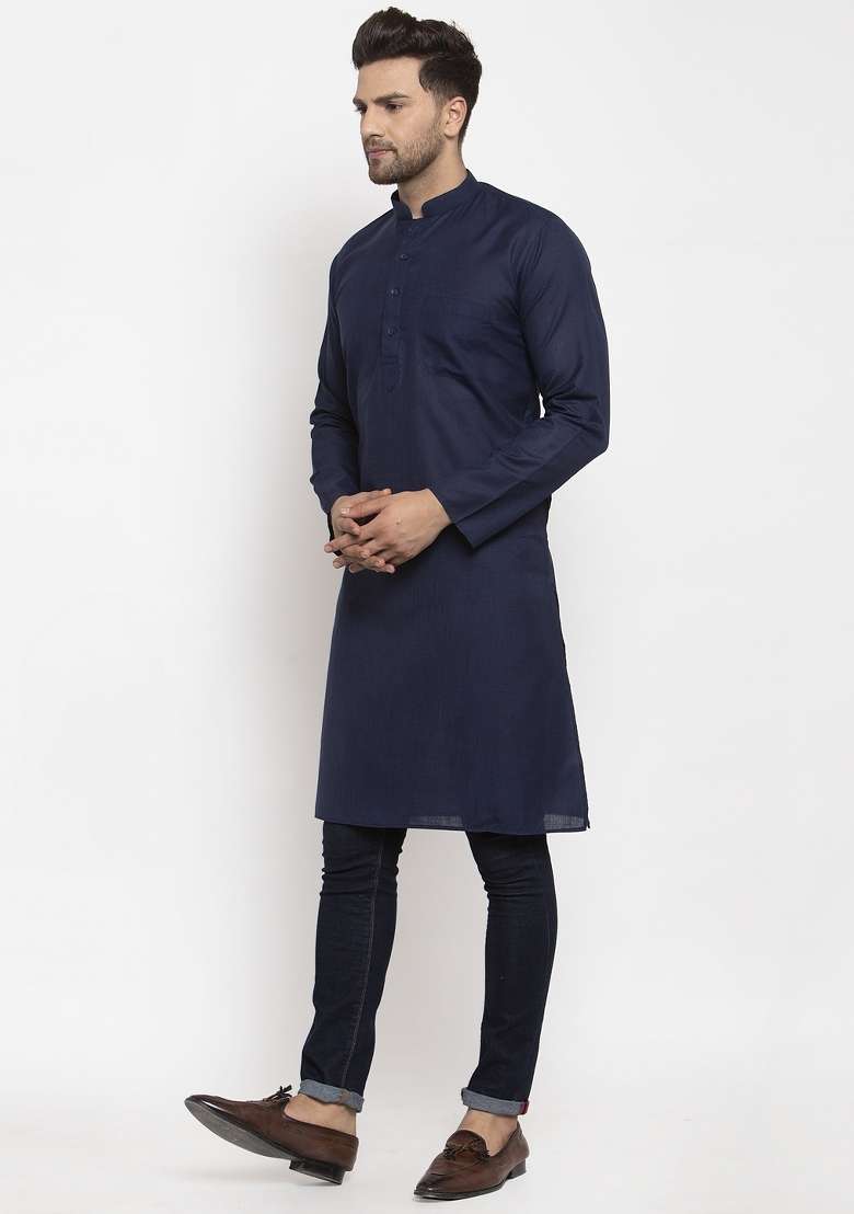 Navy Blue Solid Cotton Blend Kurta For Men - Indya