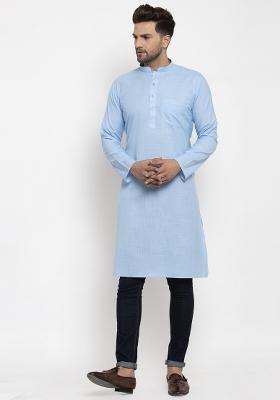 Turquoise Blue Solid Cotton Blend Kurta For Men