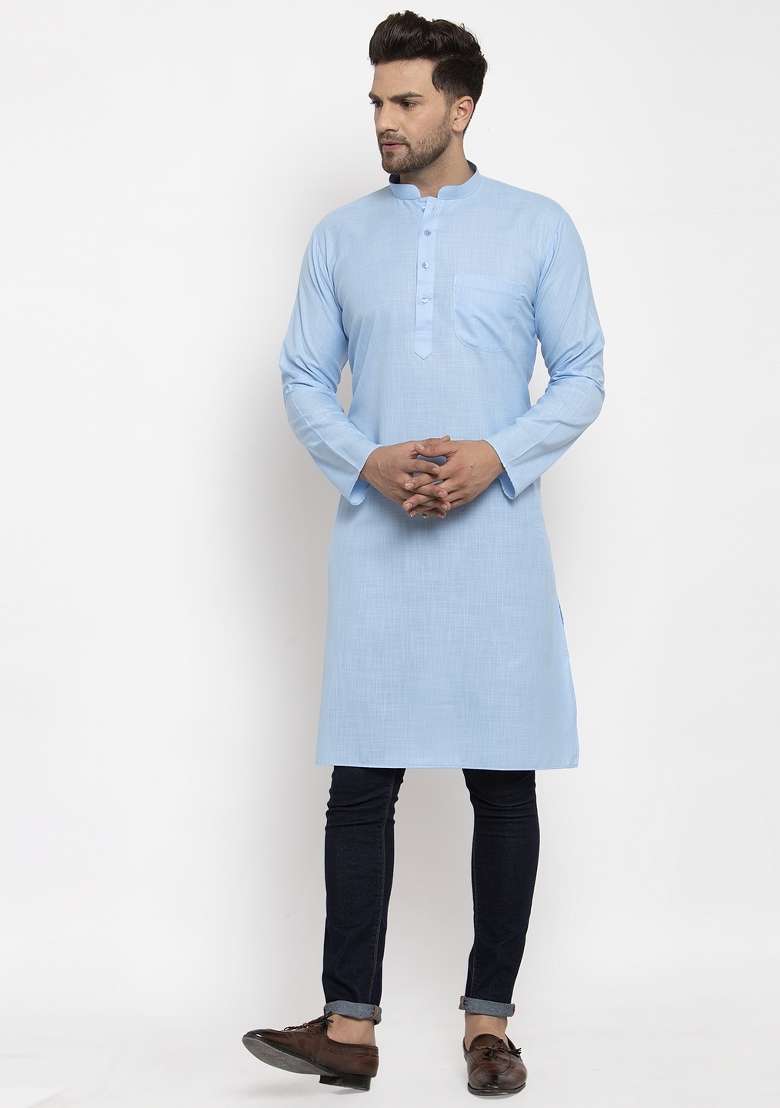 Turquoise Blue Solid Cotton Blend Kurta For Men - Indya