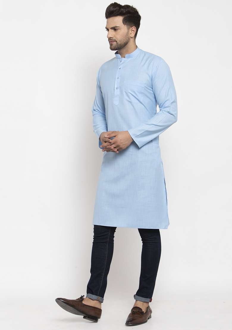 Turquoise Blue Solid Cotton Blend Kurta For Men - Indya