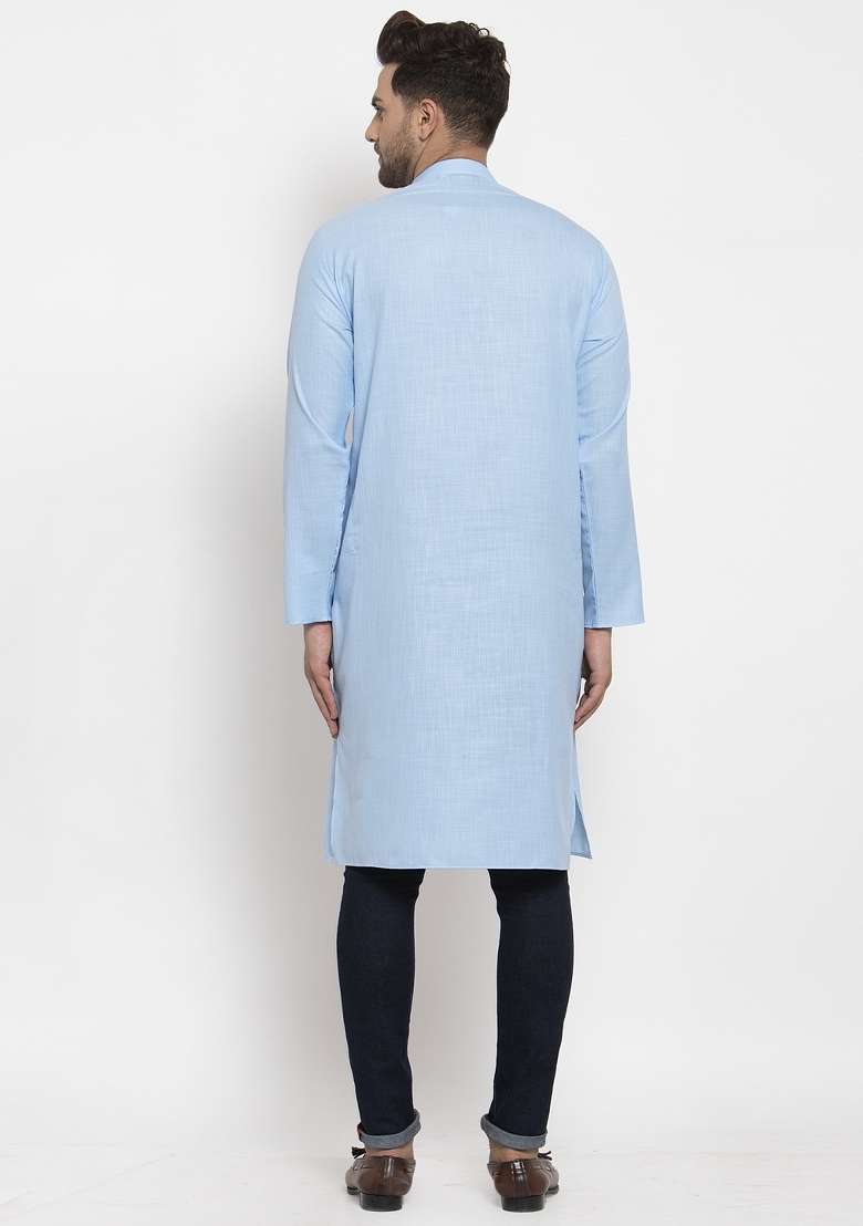 Turquoise Blue Solid Cotton Blend Kurta For Men - Indya