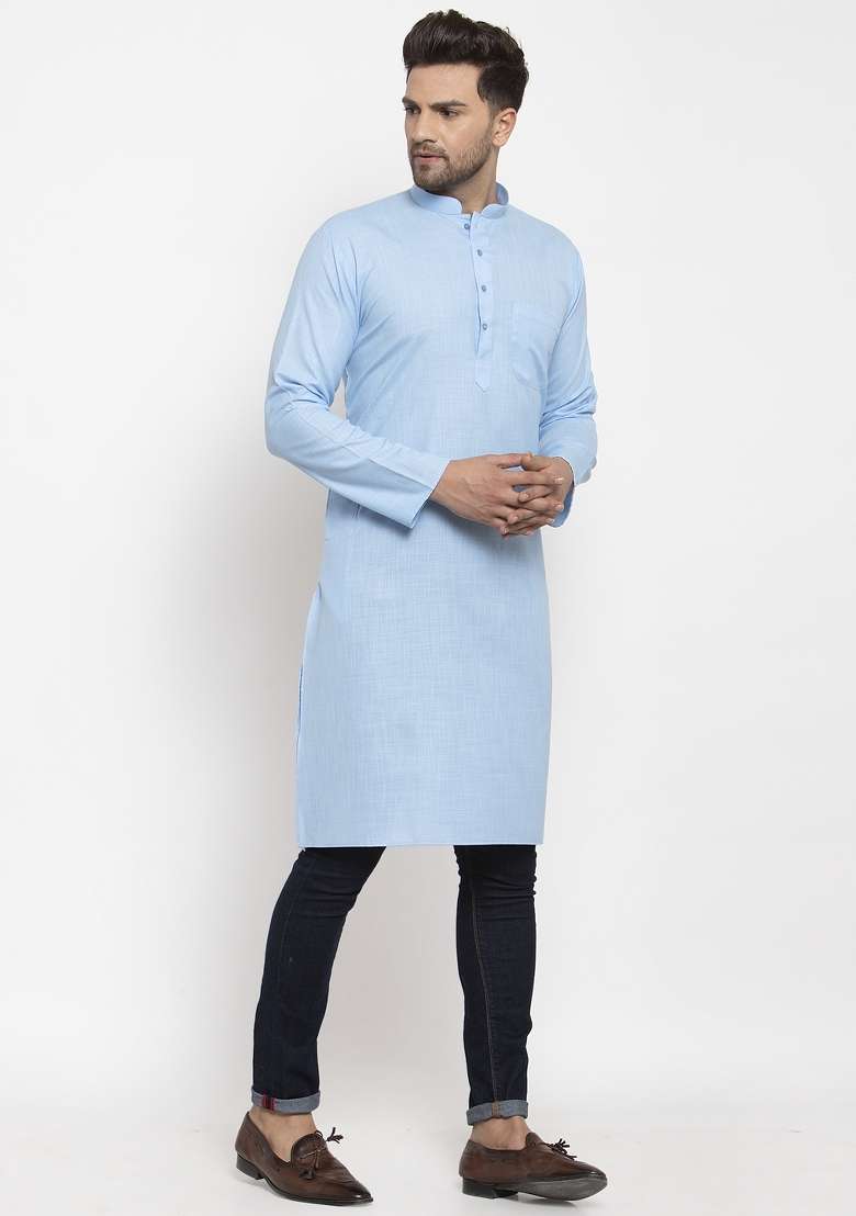 Turquoise Blue Solid Cotton Blend Kurta For Men - Indya
