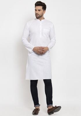 White Solid Cotton Blend Kurta For Men