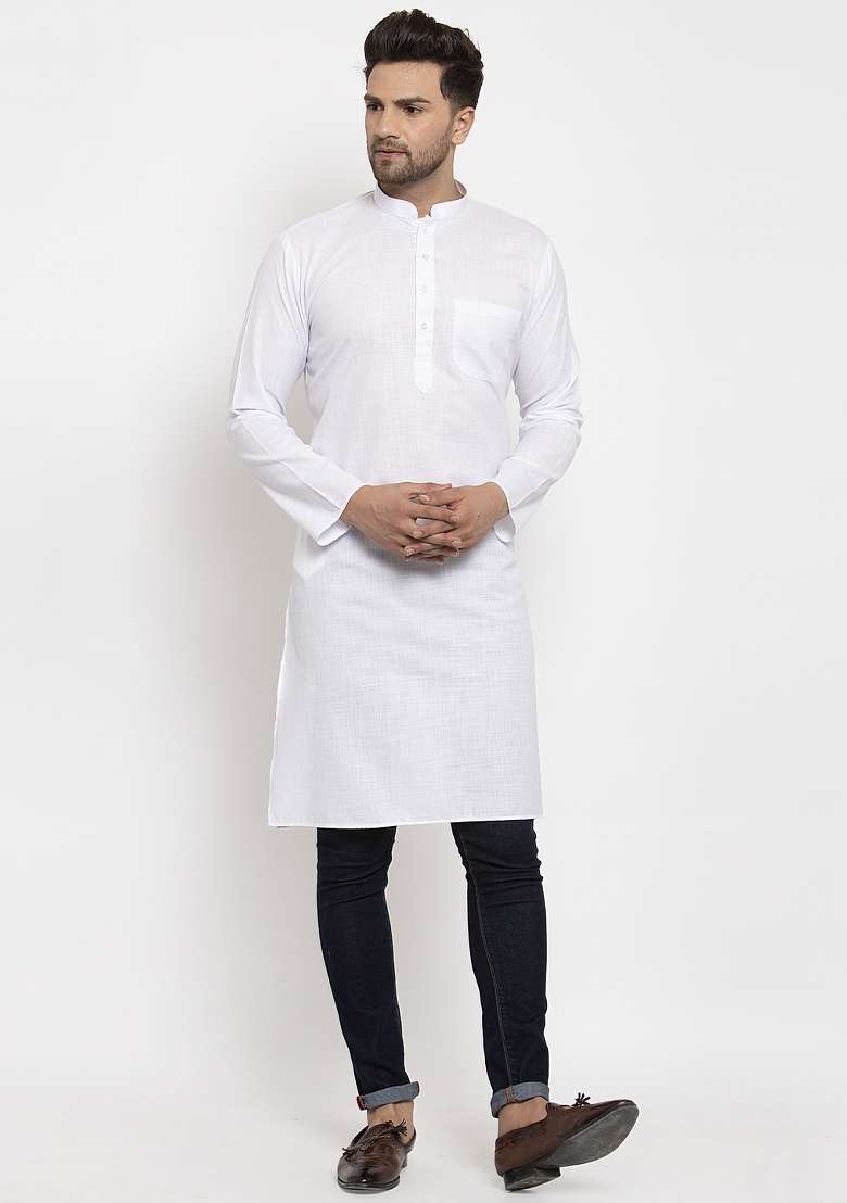 White Solid Cotton Blend Kurta For Men - Indya