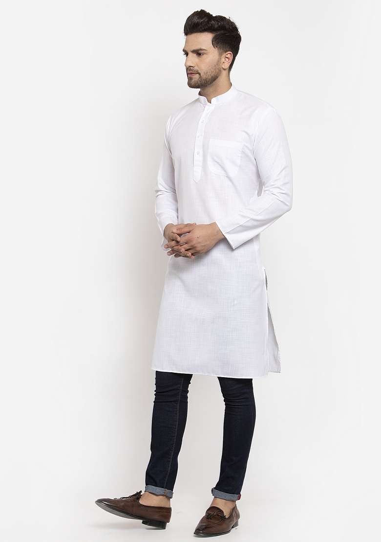 White Solid Cotton Blend Kurta For Men - Indya