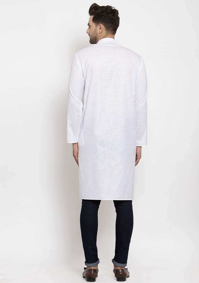 White Solid Cotton Blend Kurta For Men - Indya