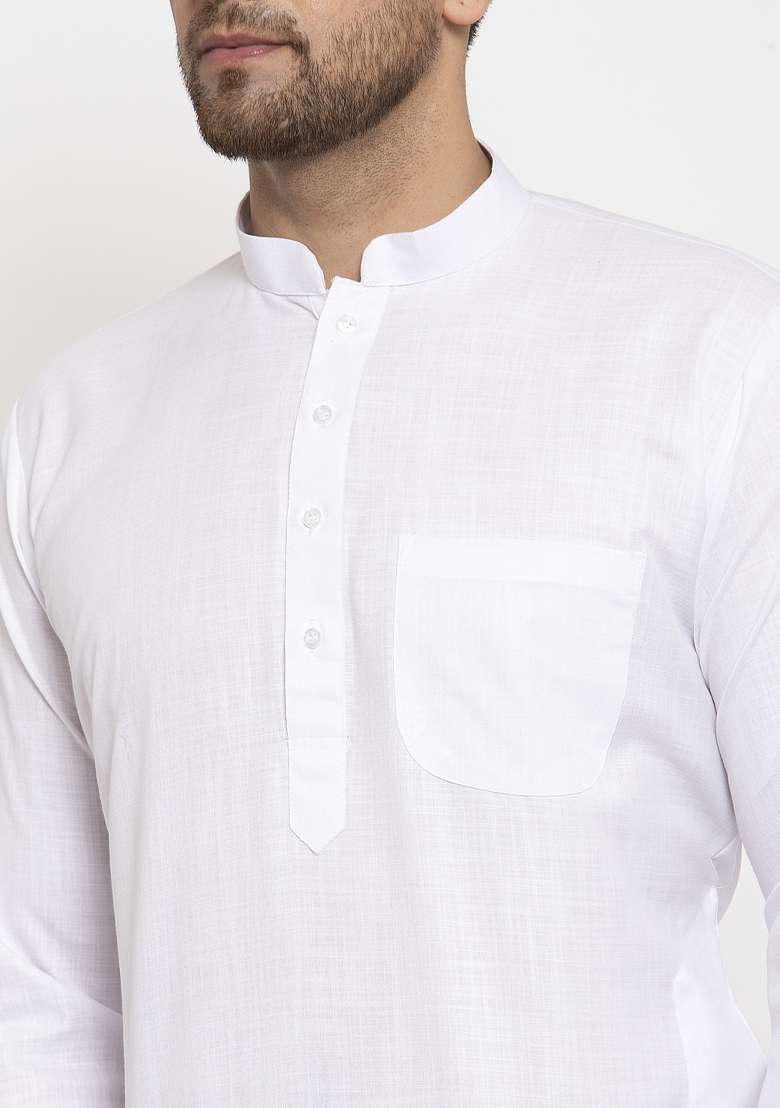 White Solid Cotton Blend Kurta For Men - Indya