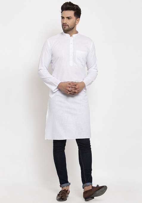 White Solid Cotton Blend Kurta For Men