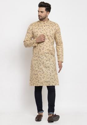 Beige Floral Printed Cotton Blend Kurta For Men