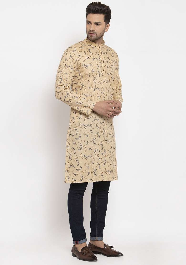 Beige Floral Printed Cotton Blend Kurta For Men - Indya