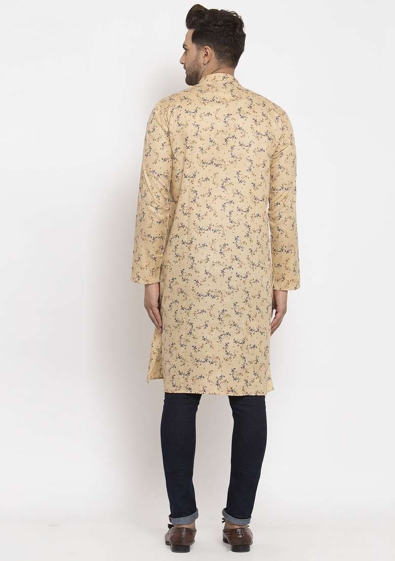 Beige Floral Printed Cotton Blend Kurta For Men - Indya