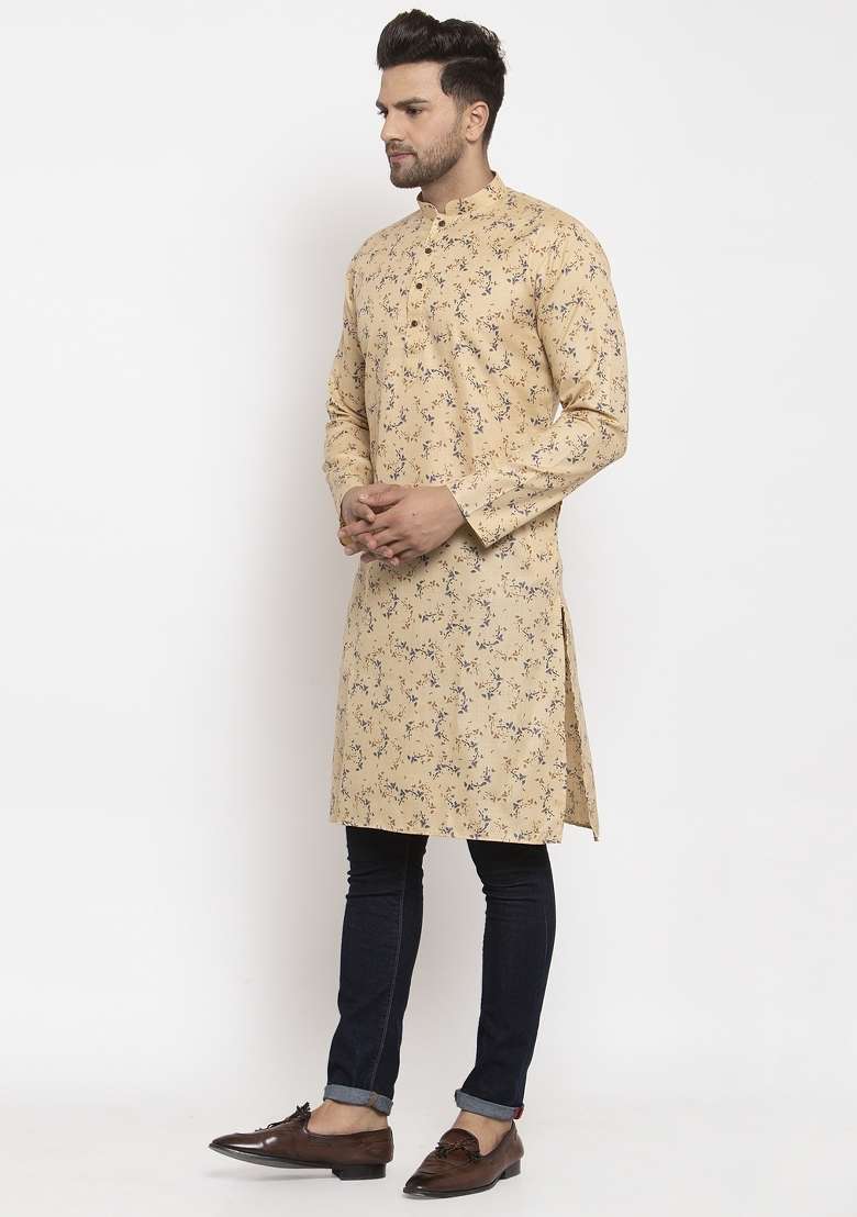 Beige Floral Printed Cotton Blend Kurta For Men - Indya