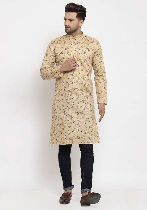 Beige Floral Printed Cotton Blend Kurta For Men