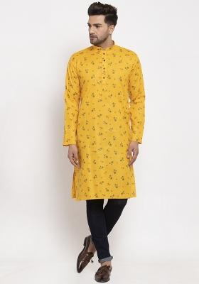 Yellow Floral Printed Cotton Blend Kurta For Men