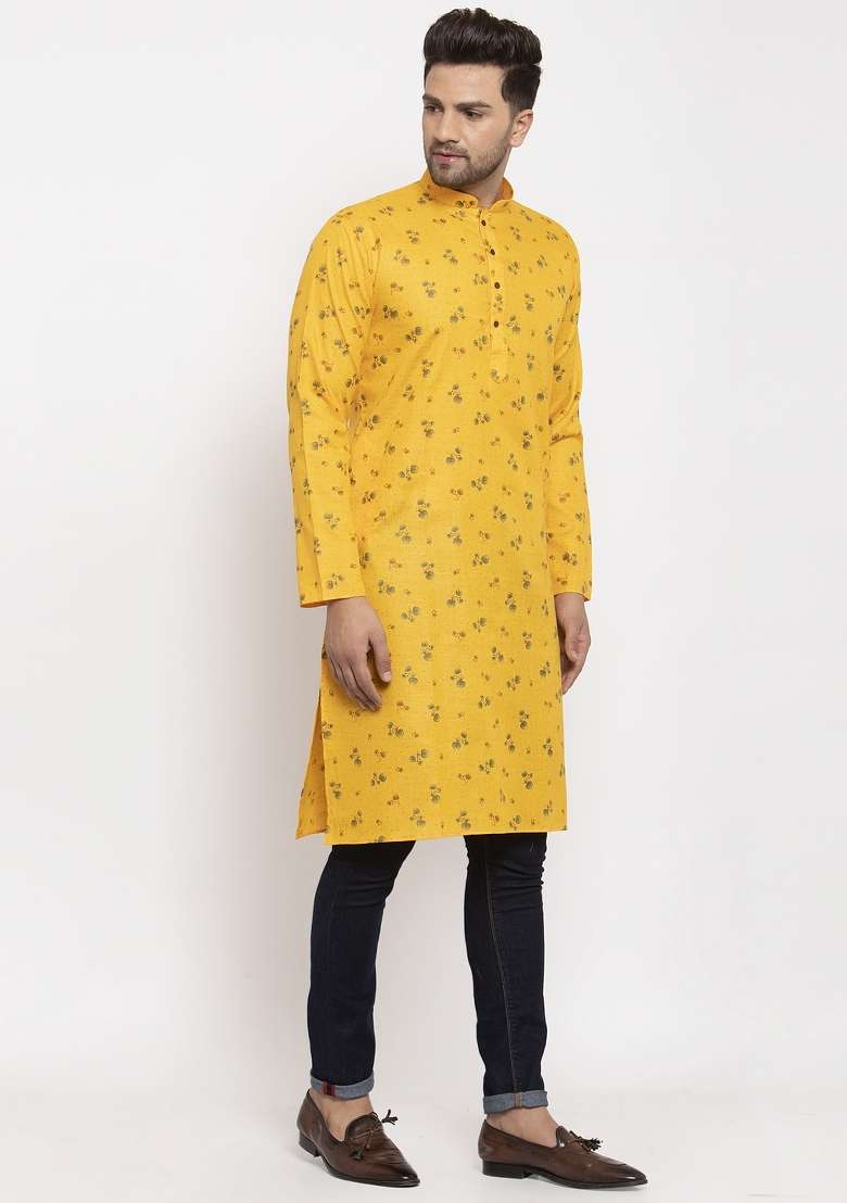 Yellow Floral Printed Cotton Blend Kurta For Men - Indya