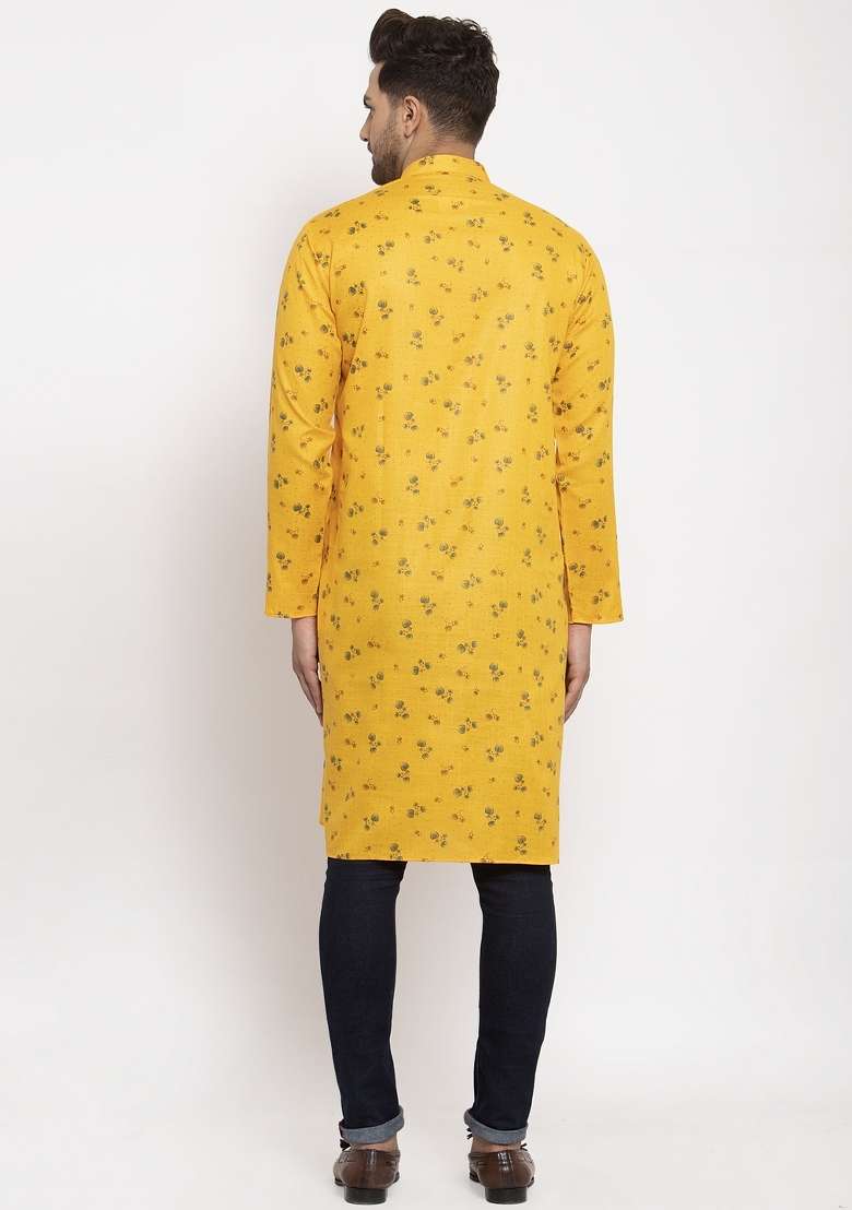 Yellow Floral Printed Cotton Blend Kurta For Men - Indya