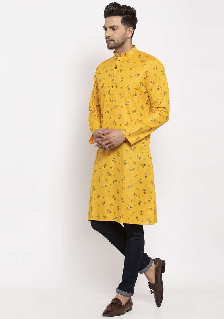 Yellow Floral Printed Cotton Blend Kurta For Men - Indya