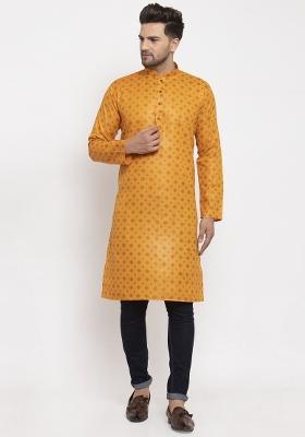 Mustard Yellow Ethnic Motifs Cotton Blend Kurta For Men