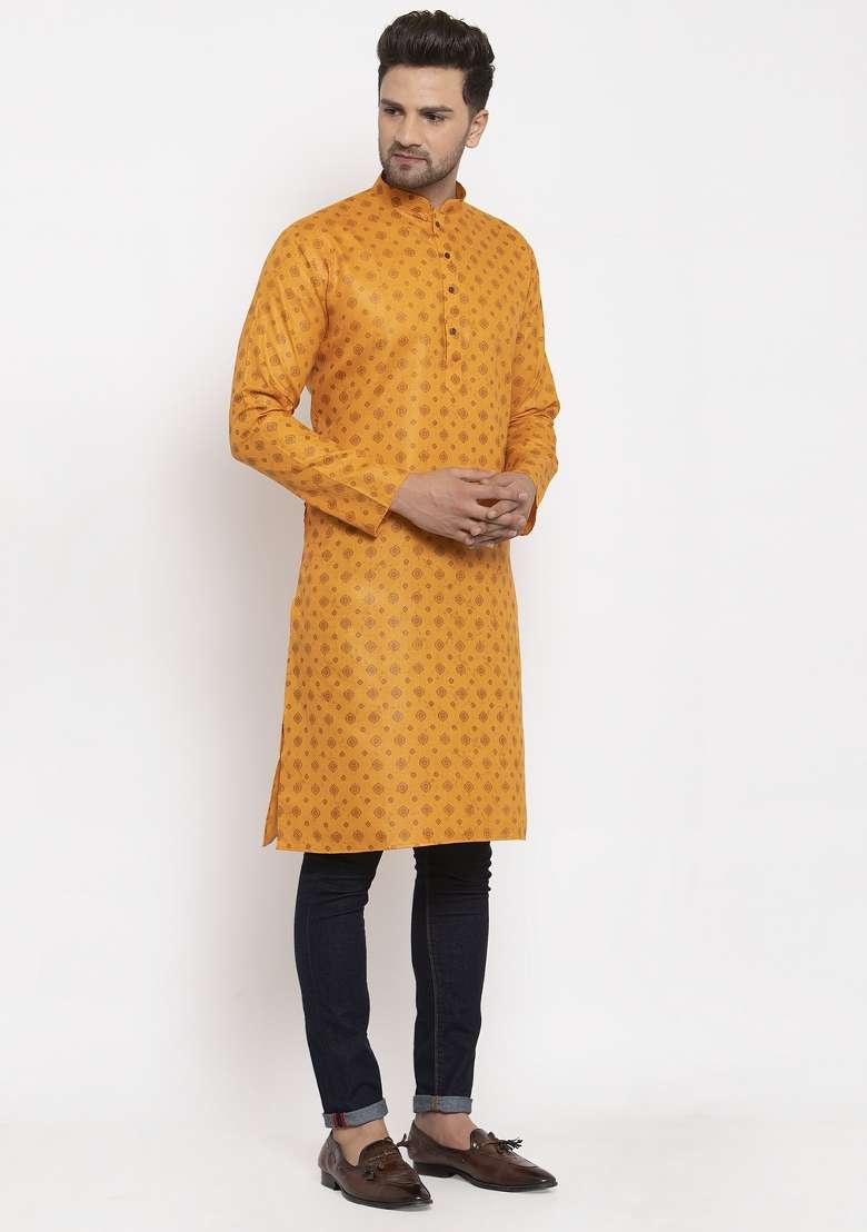 Mustard Yellow Ethnic Motifs Cotton Blend Kurta For Men - Indya