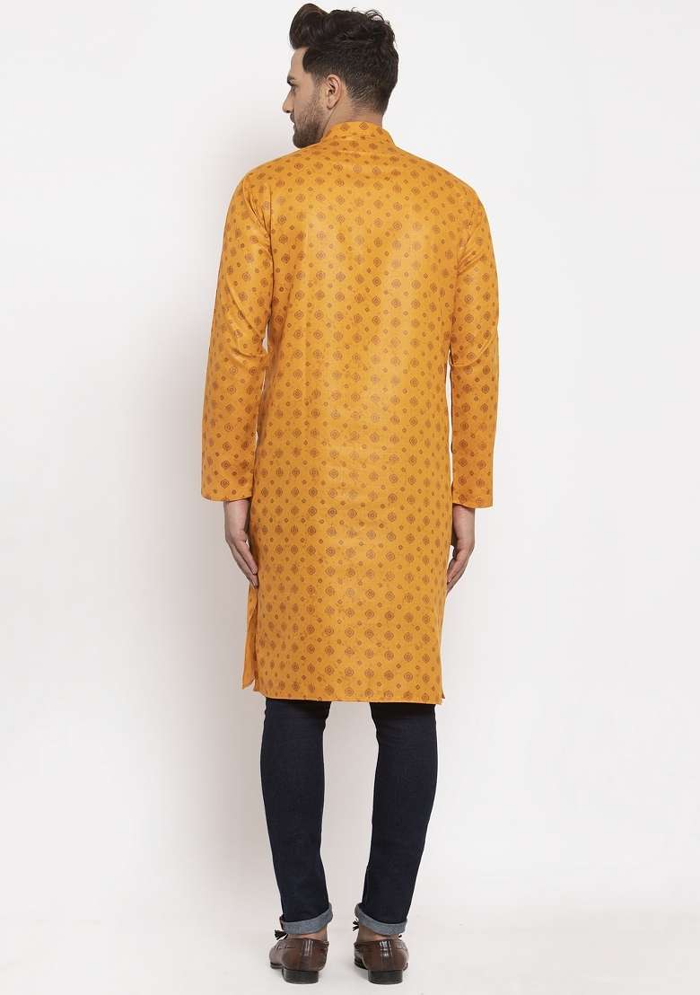 Mustard Yellow Ethnic Motifs Cotton Blend Kurta For Men - Indya
