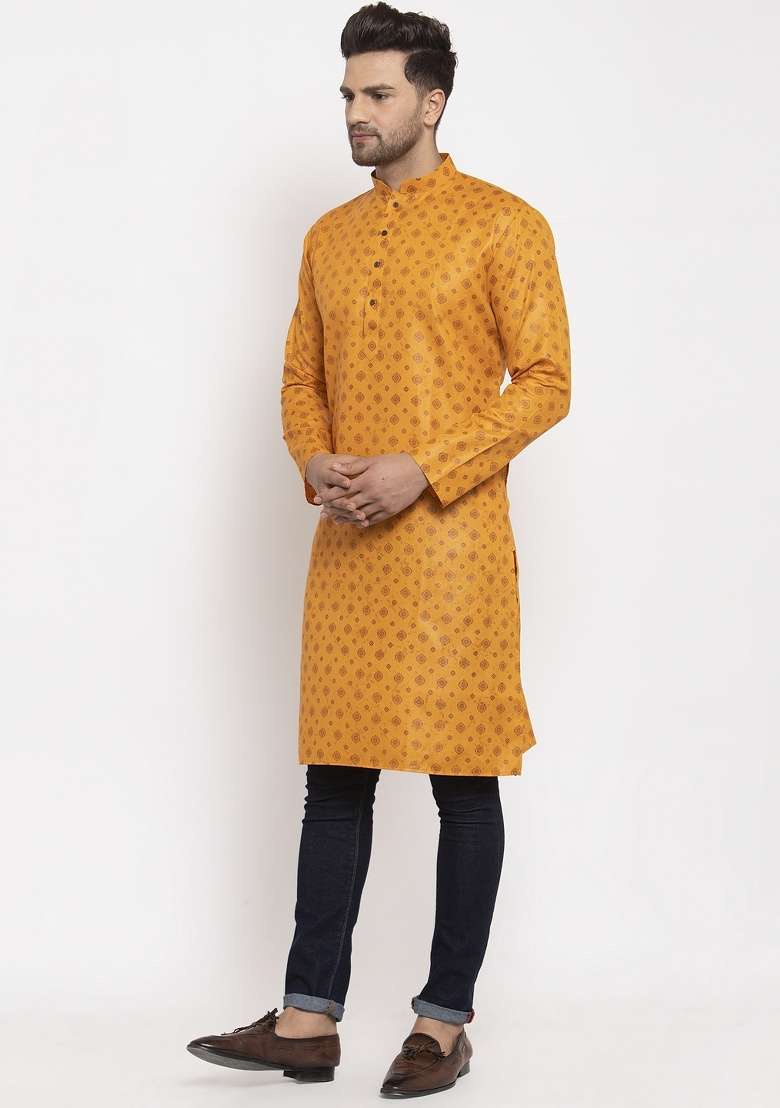 Mustard Yellow Ethnic Motifs Cotton Blend Kurta For Men - Indya
