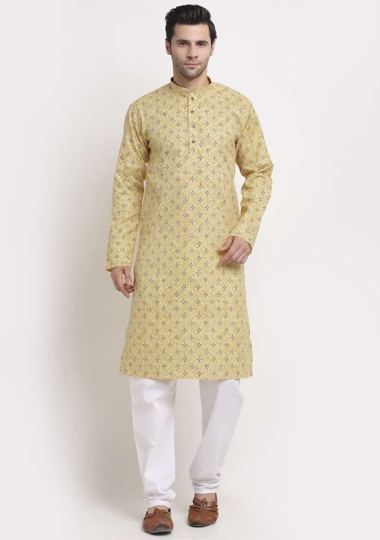 Yellow Printed Pure Cotton Kurta For Men - Indya