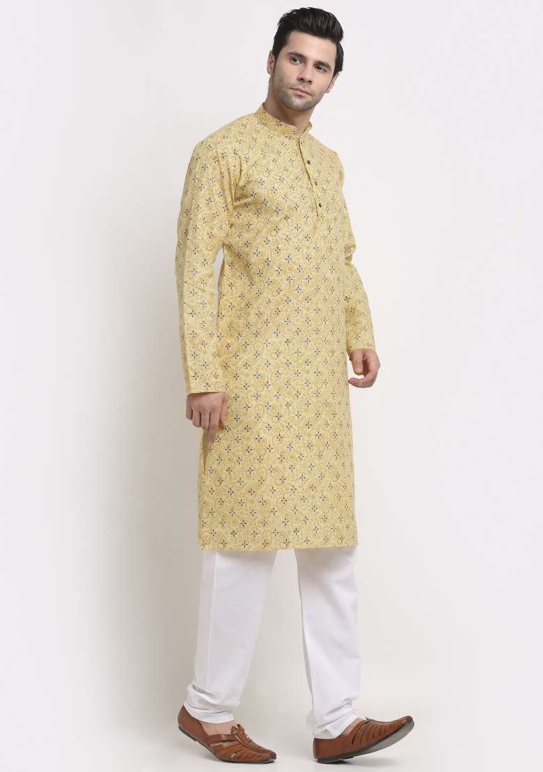 Yellow Printed Pure Cotton Kurta For Men - Indya