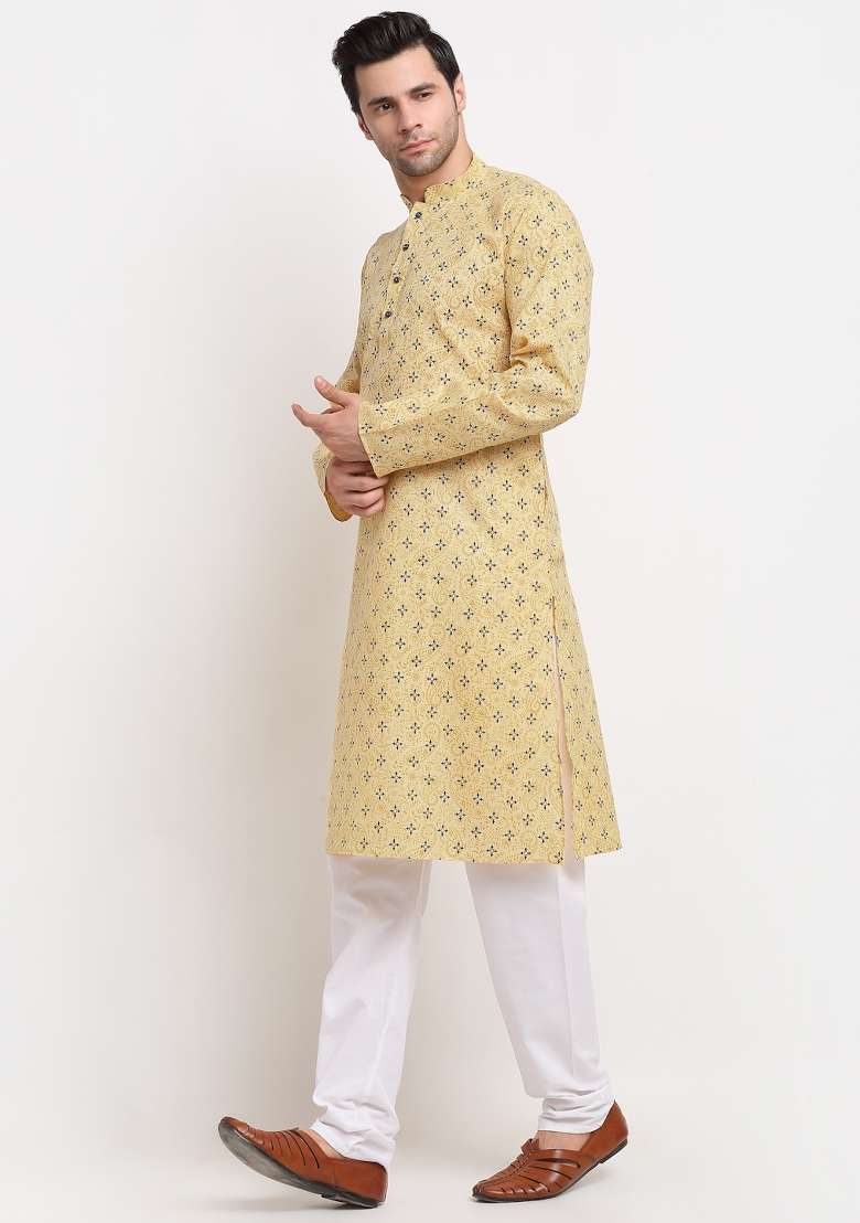 Yellow Printed Pure Cotton Kurta For Men - Indya