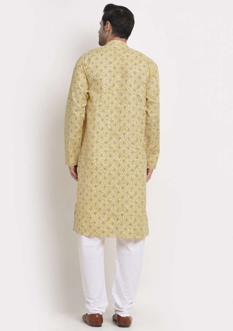 Yellow Printed Pure Cotton Kurta For Men - Indya