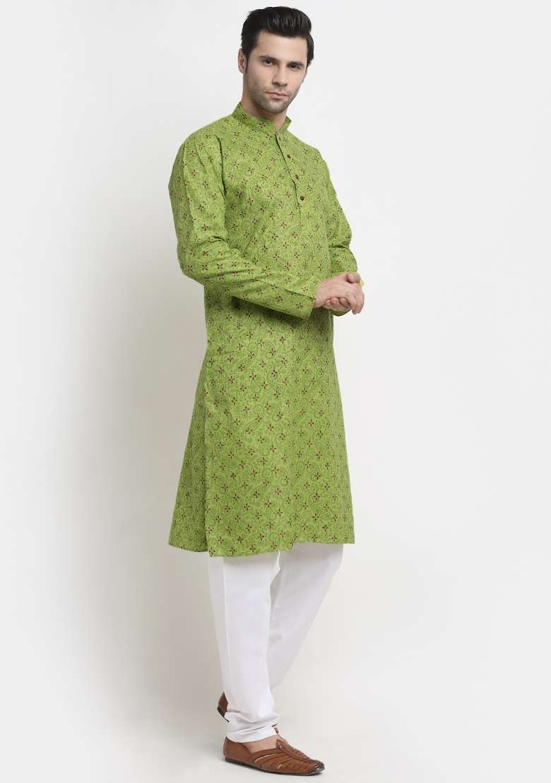 Green Printed Pure Cotton Kurta For Men - Indya