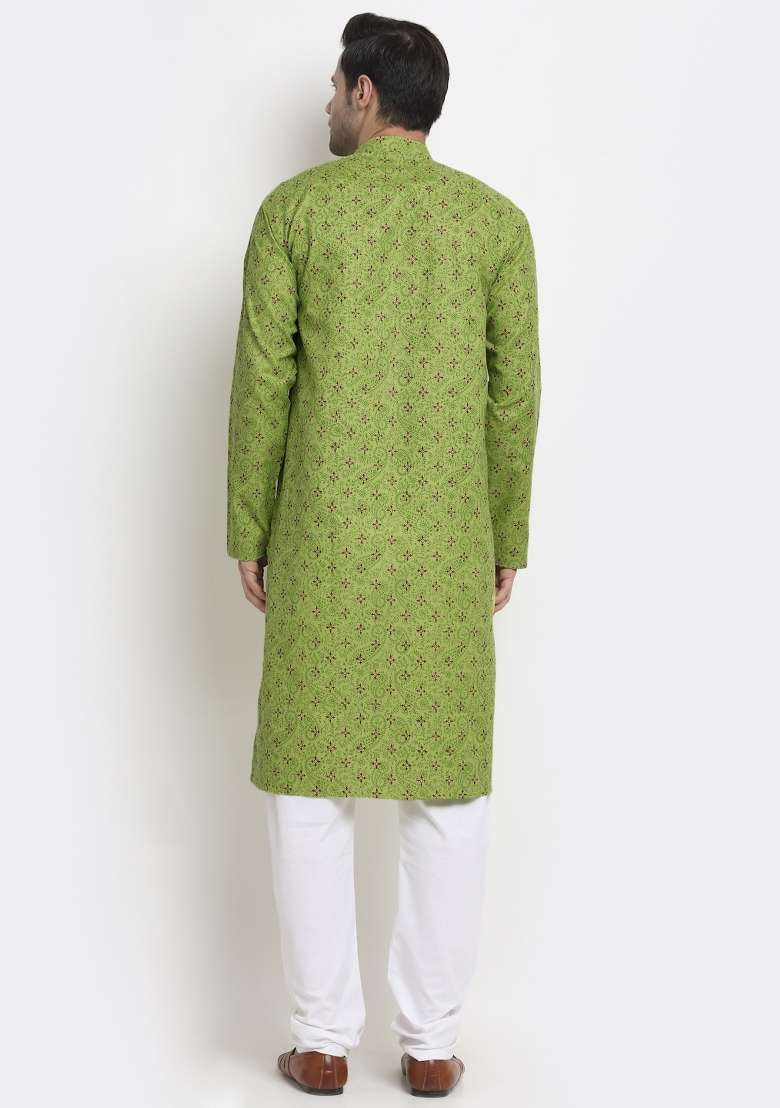Green Printed Pure Cotton Kurta For Men - Indya