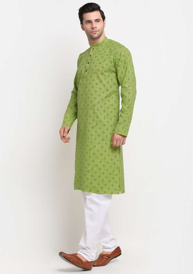 Green Printed Pure Cotton Kurta For Men - Indya