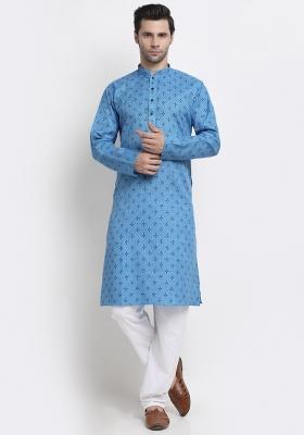Blue Printed Pure Cotton Kurta For Men