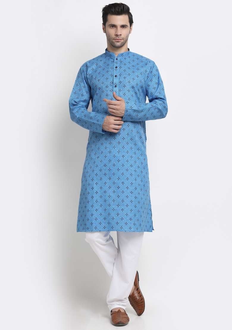 Blue Printed Pure Cotton Kurta For Men - Indya