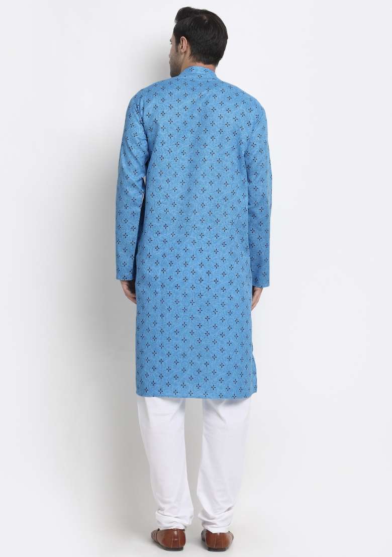 Blue Printed Pure Cotton Kurta For Men - Indya