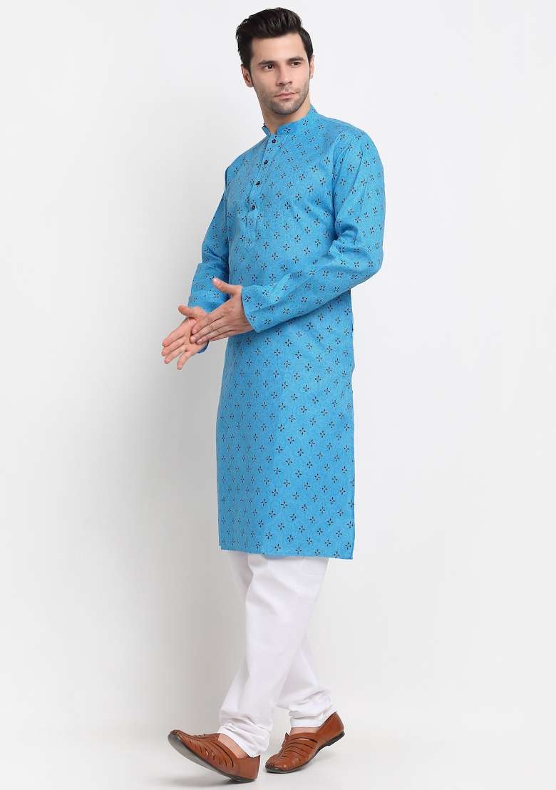 Blue Printed Pure Cotton Kurta For Men - Indya