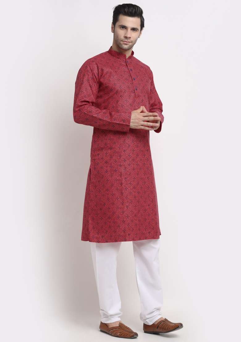 Pink Printed Pure Cotton Kurta For Men - Indya