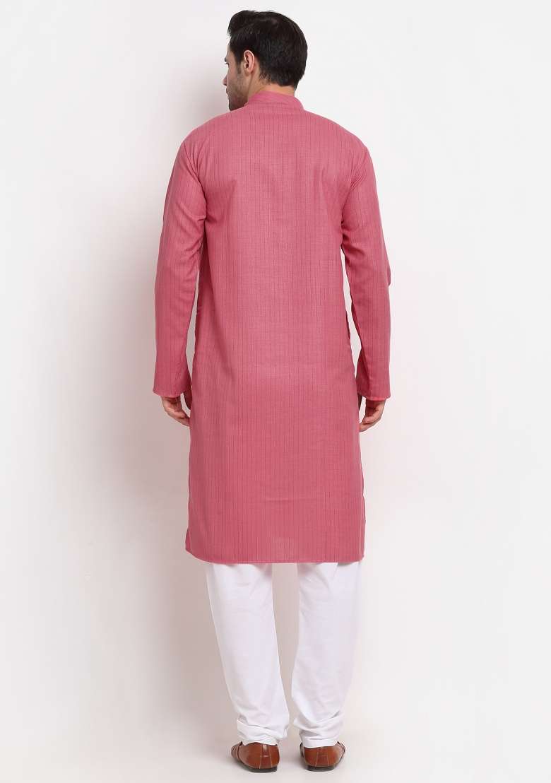 Pink Striped Pure Cotton Kurta For Men - Indya