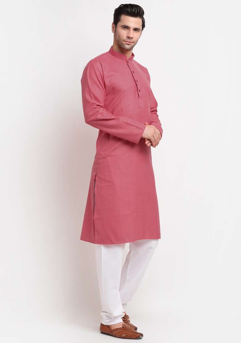 Pink Striped Pure Cotton Kurta For Men - Indya