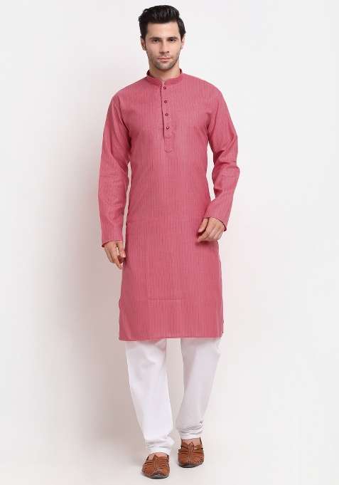 Pink Striped Pure Cotton Kurta For Men