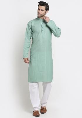Sea Green Striped Pure Cotton Kurta For Men