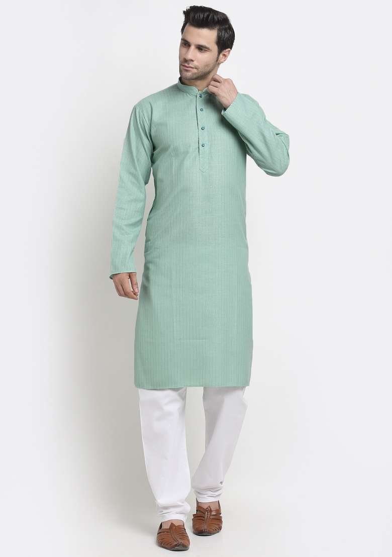 Sea Green Striped Pure Cotton Kurta For Men - Indya