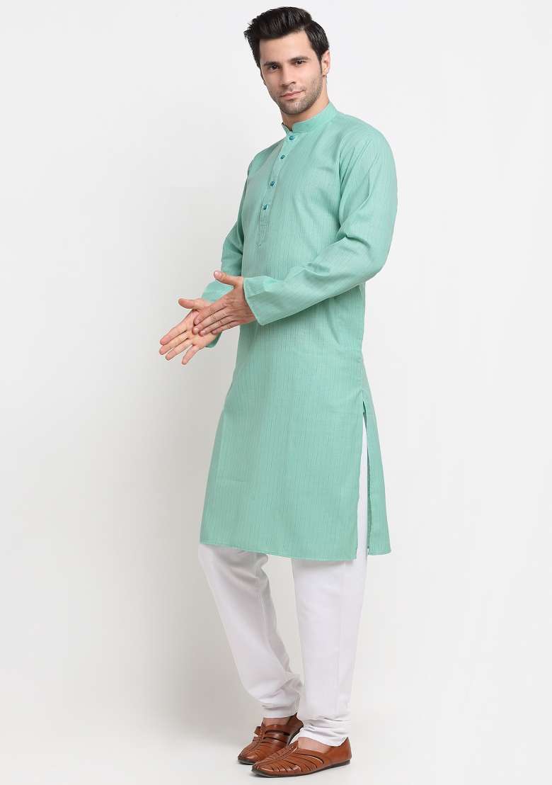Sea Green Striped Pure Cotton Kurta For Men - Indya