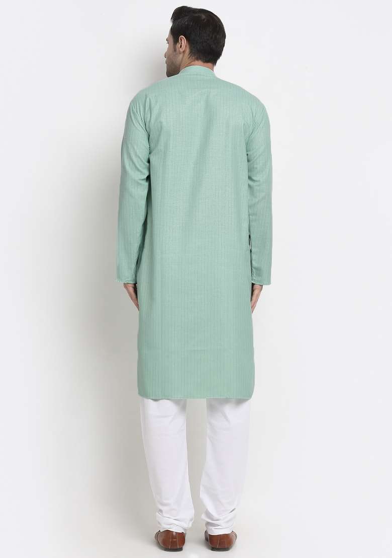 Sea Green Striped Pure Cotton Kurta For Men - Indya