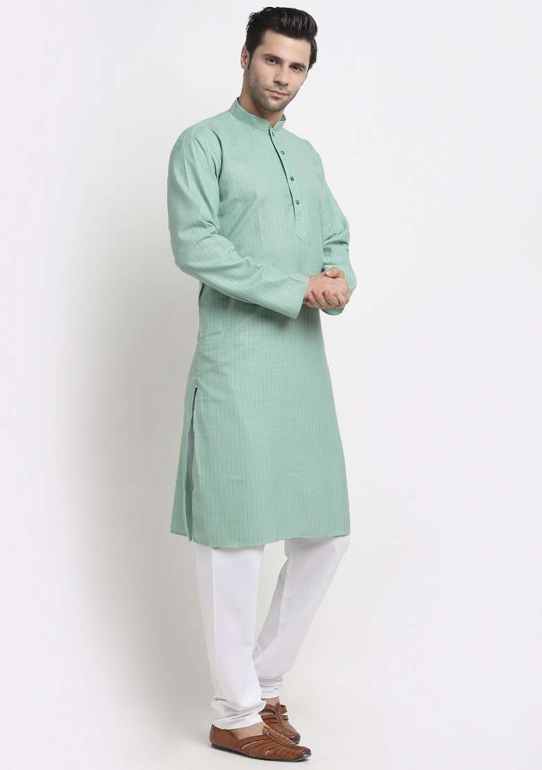 Sea Green Striped Pure Cotton Kurta For Men - Indya