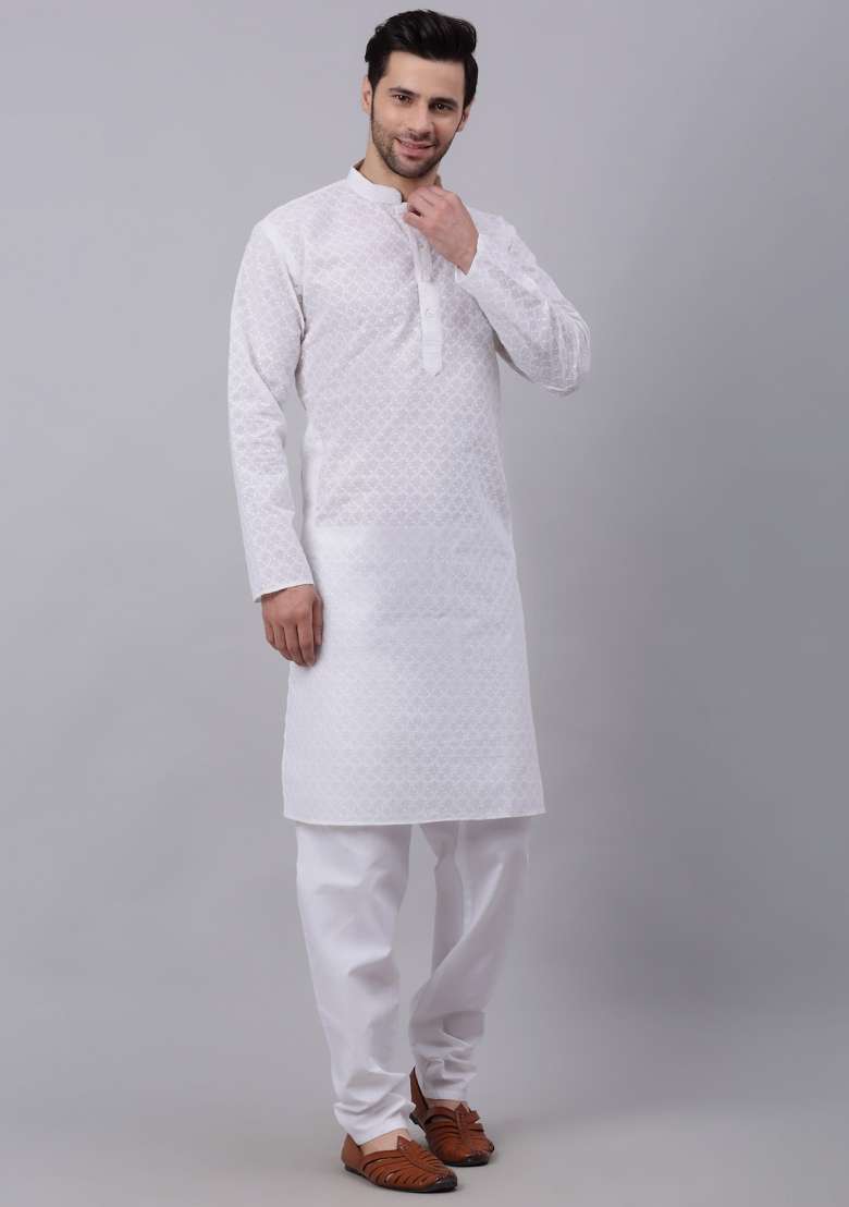 White Chikenkari Cotton Kurta For Men - Indya