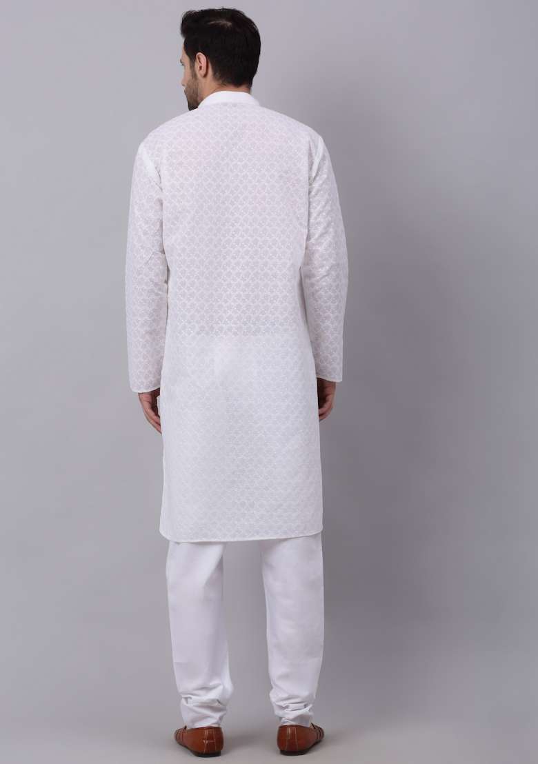 White Chikenkari Cotton Kurta For Men - Indya