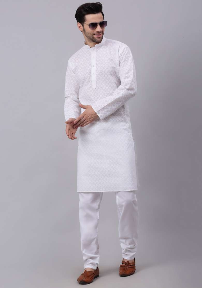 White Chikenkari Cotton Kurta For Men - Indya