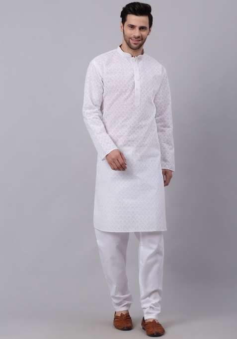White Chikenkari Cotton Kurta For Men