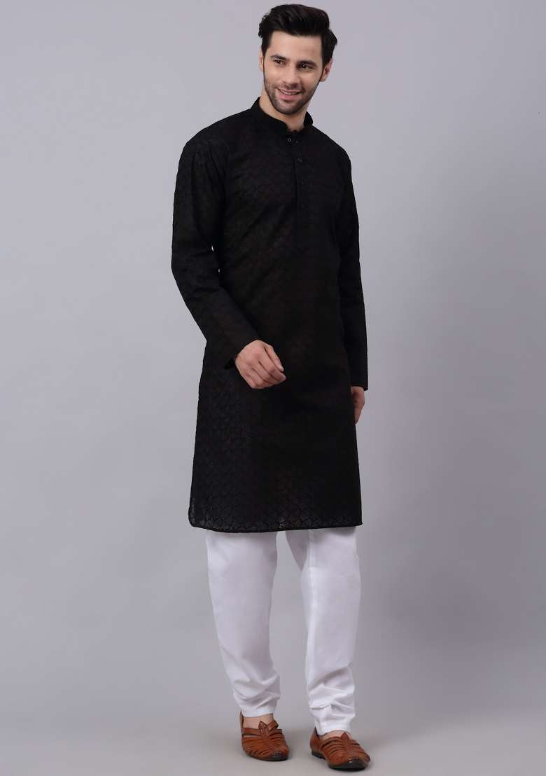 Black Chikenkari Cotton Kurta For Men - Indya